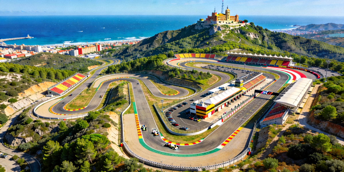 F1西班牙站巴塞罗那加泰罗尼亚赛道鸟瞰图，展示高速弯道与长直道结合的经典布局，背景为地中海与蒙特惠奇山