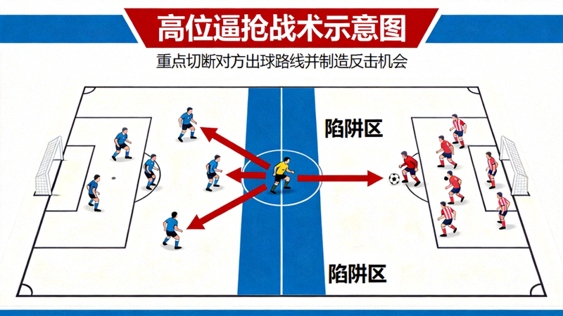 欧冠决赛高位逼抢战术示意图：红色箭头表示压迫方向，蓝色区域为陷阱区，重点切断对方出球路线并制造反击机会