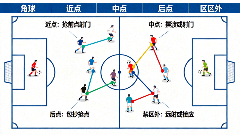 欧冠决赛角球战术布置图：近点、中点、后点以及禁区外的层次站位，展示多种战术跑位与掩护配合