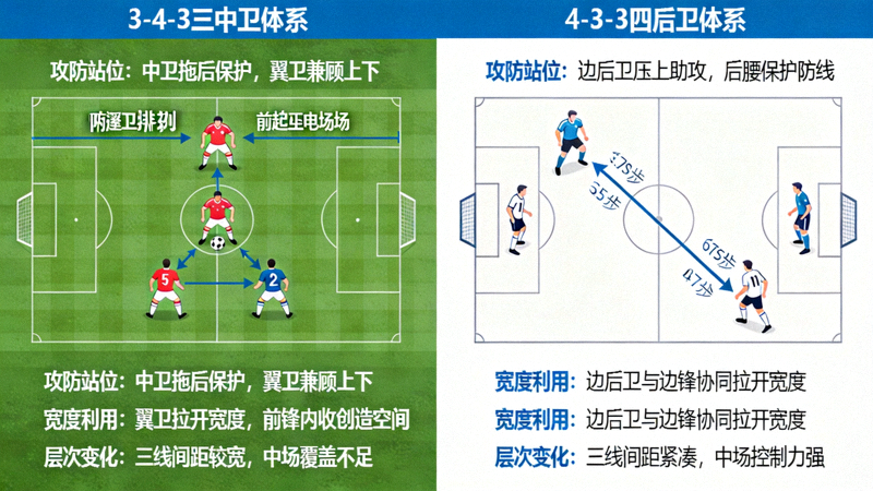 欧冠决赛阵型对比图：左侧三中卫体系（3-4-3）与右侧四后卫体系（4-3-3）的攻防站位、宽度利用与层次变化