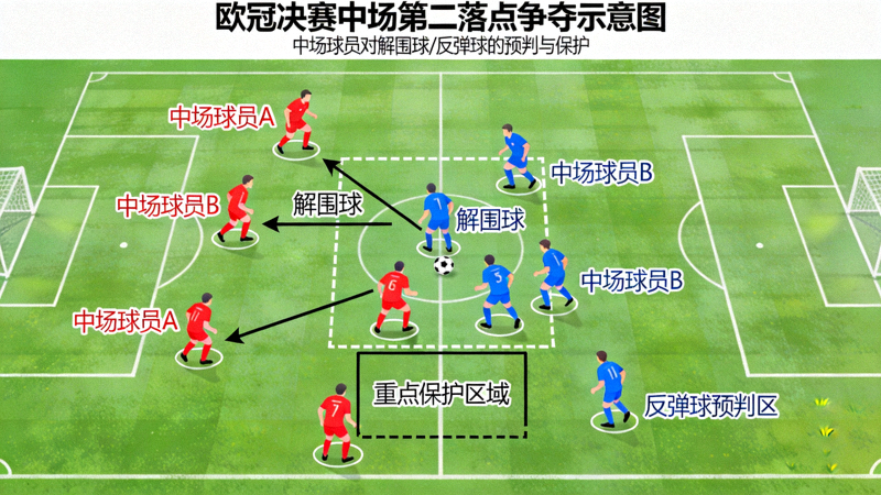 欧冠决赛中场第二落点争夺示意图：球员站位与球路预测，强调中场球员对解围球和反弹球的预判与保护