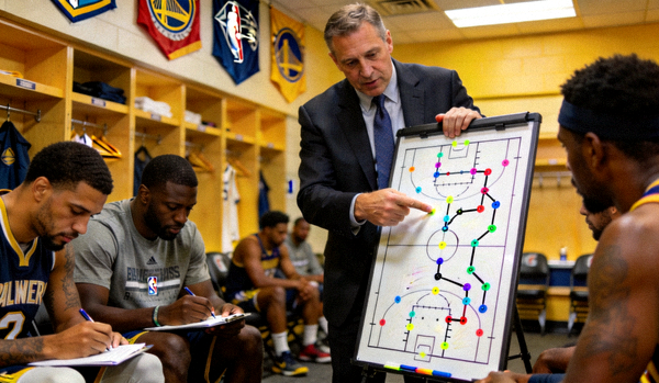NBA教练战术板：主教练正在更衣室战术板前布置关键回合战术，球员们围坐聆听，战术板上画着复杂的跑位路线